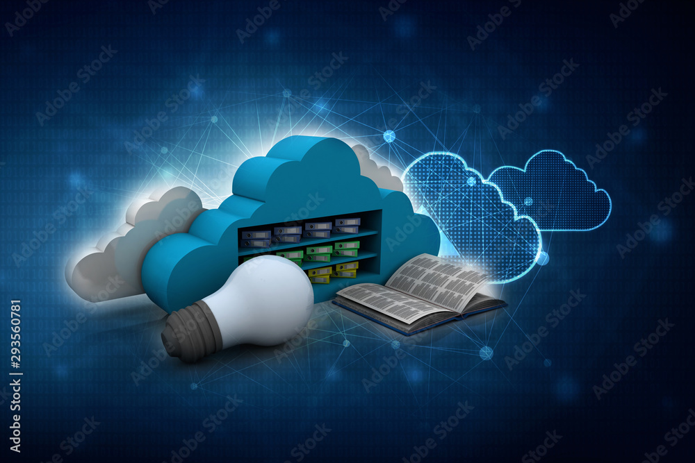 3d rendering led white light bulb with cloud folder near book 3d rendering led white light bulb with cloud folder near book