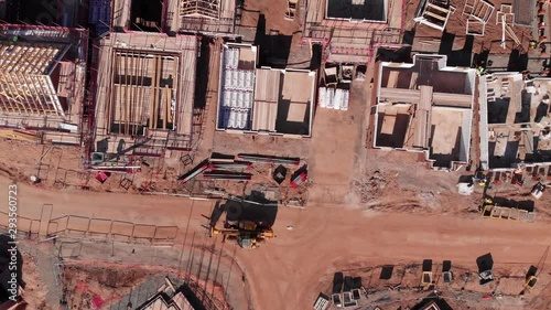 Dusty Housing Construction Site Bird's Eye View Heavey Plant Working Aerial 4K photo