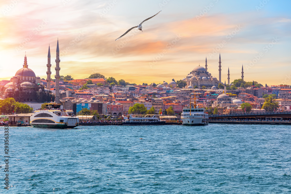 Obraz premium Meczet Sulejmana Wspaniałego i Meczet Rustema Paszy, widok z Bosforu, Stambuł, Turcja