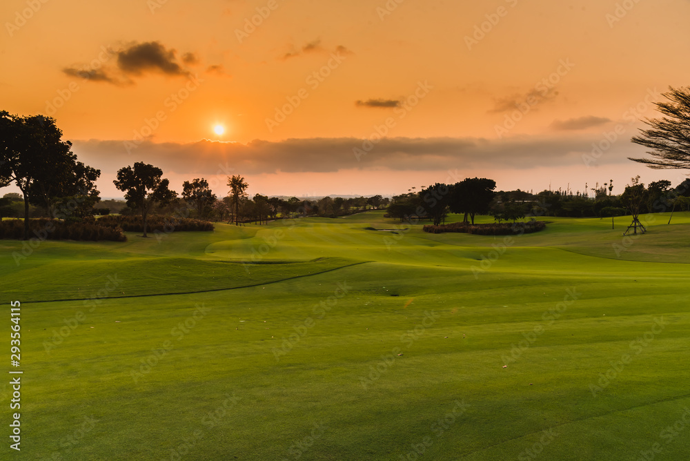 A view landscape green grass at golf course , big trees with sunlight sky background. A view landscape green grass at golf course , big trees with sunlight sky background.