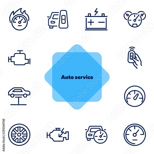 Auto service icon. Set of line icon on white background. Speedometer, engine, wheel. Car mechanics concept. Vector illustration can be used for topics like transportation, service, cars