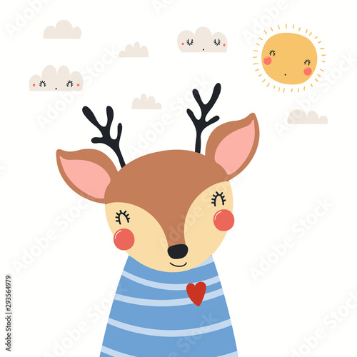Hand drawn portrait of a cute deer in striped shirt, with sun and clouds. Vector illustration. Isolated objects on white background. Scandinavian style flat design. Concept for children print.