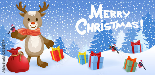 Funny reindeer deer with bird bullfinch in Sants hat on background of Christmas snowfall in forest and inscription "Merry Christmas"