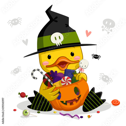 Funny baby duck in a witch hat and pumpkin. Vector cartoon bird character isolated on background. Halloween concept illustration.
