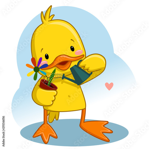 Duck holding watering can watering plant in pot