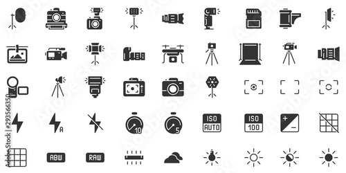 Photo camera silhouette icon. Photography cameras shutter speed, aperture and digital camera exposure black stencil icons vector set photo