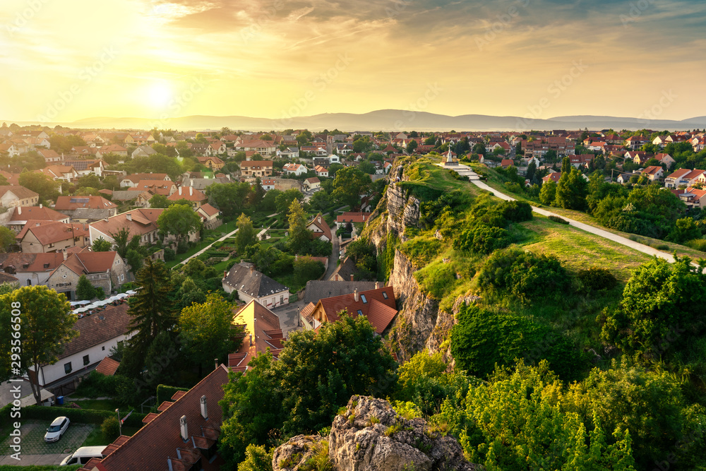 The green hill garden in the middle of old town Veszprem, Hungary at sunset