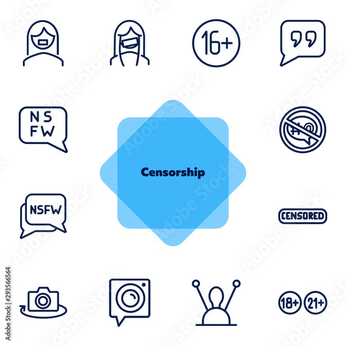 Censorship line icon set. Set of line icons on white background. TV requirement concept. Camera, antenna, stamp. Vector illustration can be used for topics like cinema, TV, radio, social media