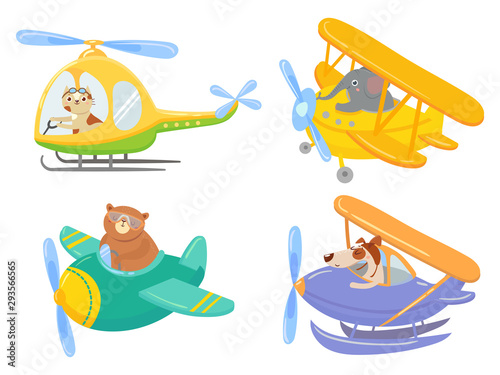 Cute animals on air transport. Animal pilot, pet in helicopter and airplane journey kids cartoon illustration set