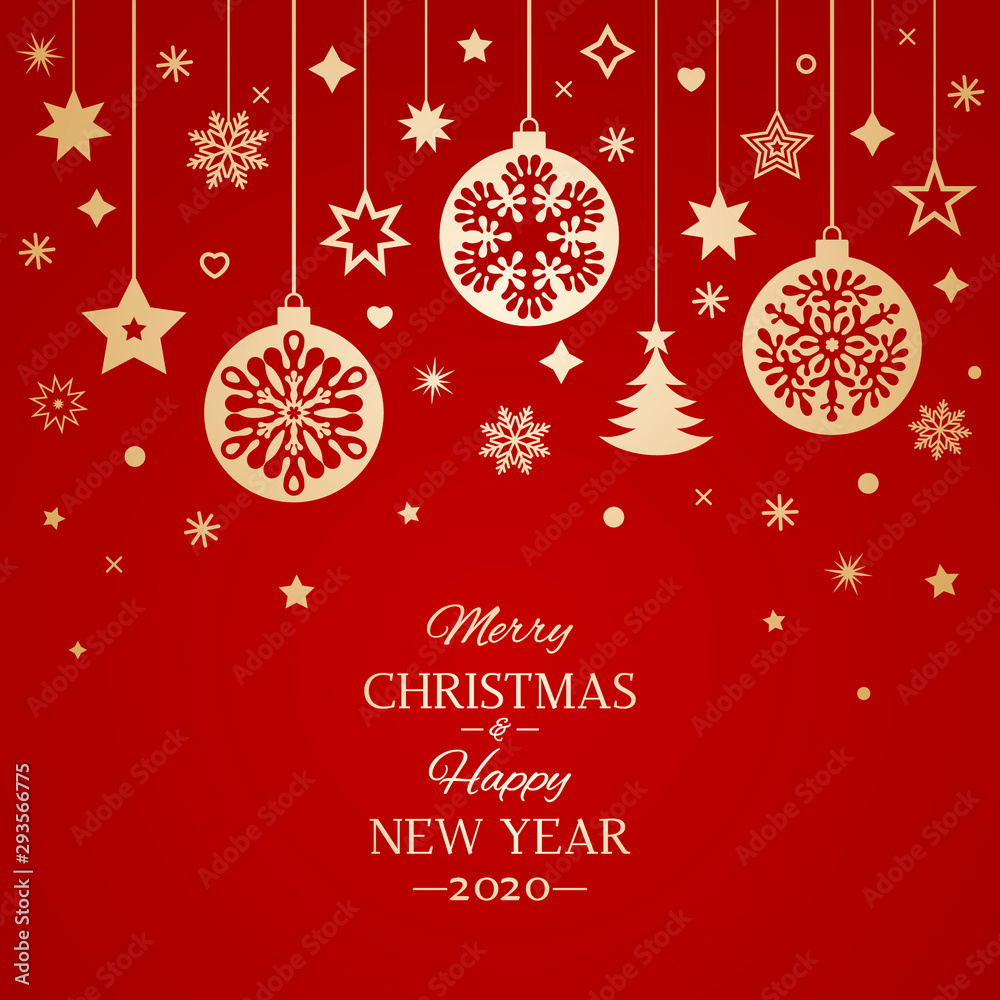 Christmas haw card or banner. Hanging Christmas balls of garlands and stars. Congratulatory text. Christmas holidays concept Xmas.