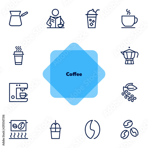 Coffee line icon set. Cappuccino maker machine, takeaway paper cup, bean. Coffee concept. Can be used for topics like coffee shop, break, morning, breakfast