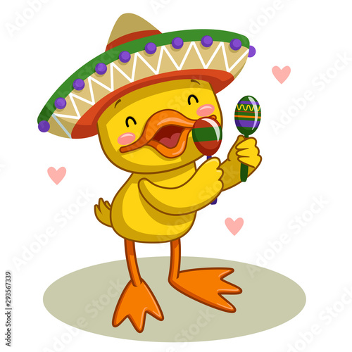 Little cute duck playing the maracas isolated on white background, preschool play group