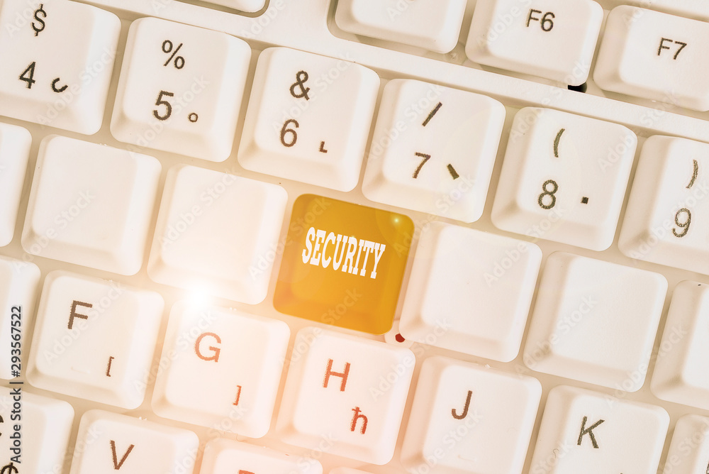 Word writing text Security. Business photo showcasing The state of feeling safe stable and free from fear or danger White pc keyboard with empty note paper above white background key copy space Word writing text Security. Business photo showcasing The state of feeling safe stable and free from fear or danger White pc keyboard with empty note paper above white background key copy space
