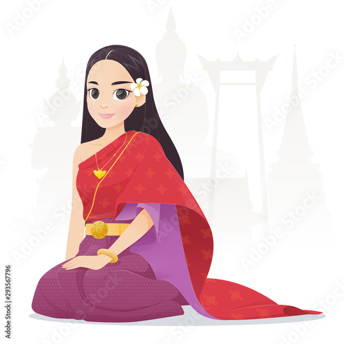 illustration thai women in thai traditional dress, Traditional southeast asian costume, Vector cartoon