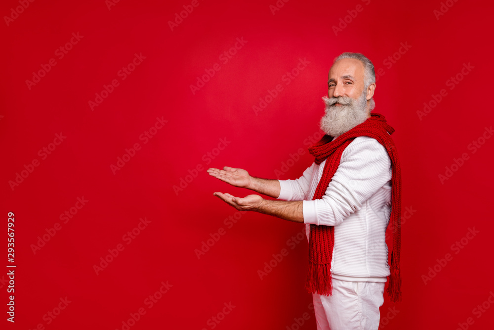 Profile side photo of cool elderly pensioner carrying copyspace wearing