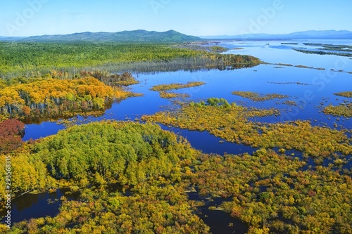 Mellow autumn on the Amur river. Sikhote-Alin mountain ridge. Khabarovsk region, far East, Russia.