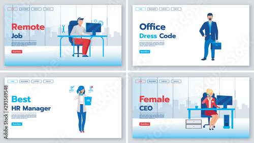 Business landing page vector templates set. Office dress code website interface idea with flat illustrations. Best HR manager homepage layout. Remote job web banner, webpage cartoon concept