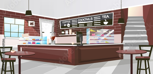 Retro restaurant inside flat vector illustration. Vintage wooden furniture in spacious hall. Brown counter with coffee machine, glass showcases. Cartoon cafe interior with chalk board for drinks menu