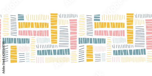 Contemporary Abstract seamless vector border horizontal. Repeating pattern block shapes paper cut out collage style in pastel colors. For banner, ribbon, fabric trim, decor