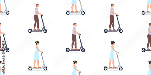 Seamless pattern with Man and Woman riding electric scooters. isolated on white background