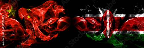 China vs Kenya, Kenyan smoke flags placed side by side. Thick colored silky smoke flags of Chinese and Kenya, Kenyan