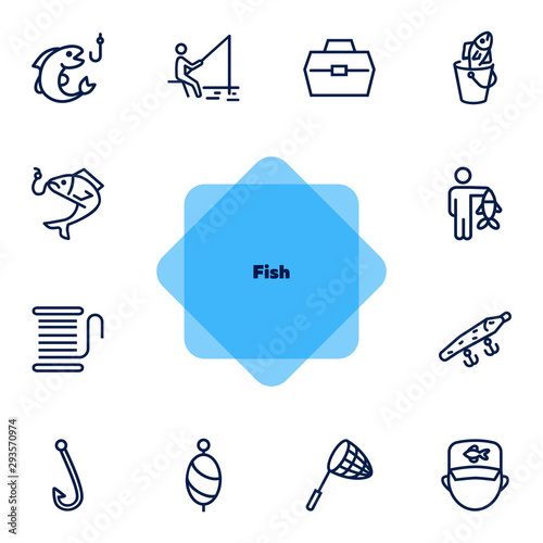 Fishing icon. Set of line icons on white background. Fish, catch, angling, harpoon. Fisherman concept. Vector illustration can be used for topics like leisure, recreation, hobby