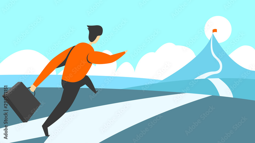 Illustration of a successful man confidently runs to his goal