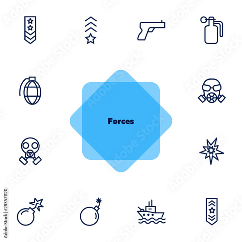 Forces line icon set. Shoulder strap, gun, bomb, ship. Military concept. Can be used for topics like army, war, defense, national security