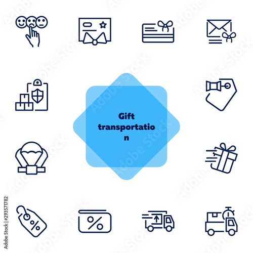 Gift transportation line icon set. Set of line icons on white background. Shopping concept. Shop, box, payment. Vector illustration can be used for topics like modern life, urban, comfort