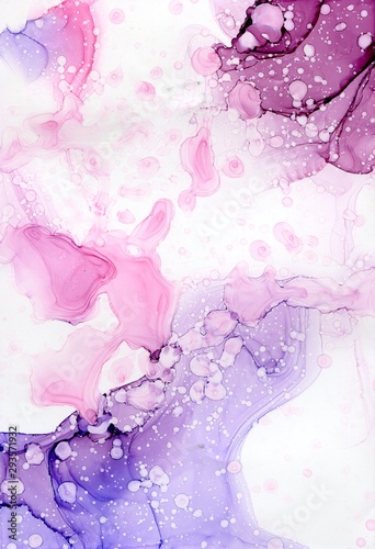 Abstract illustration in alcohol ink technique. Indigo, magenta and orchid spotted marble texture. Wash drawing effect wallpaper. Modern illustration for card design, ethereal graphic design.