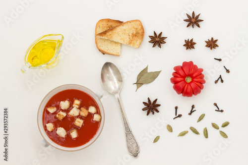 Summer cold tomato soup. Set of products for gazpacho  white background.