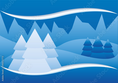 Paisaje nevado con pinos y montañas.