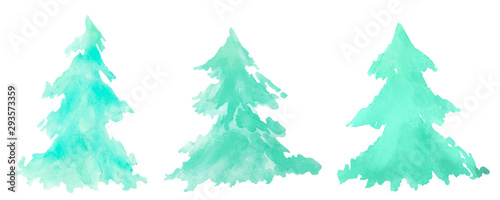 Silhouette of green Christmas trees on a white background Watercolor illustration. © ParamePrizma
