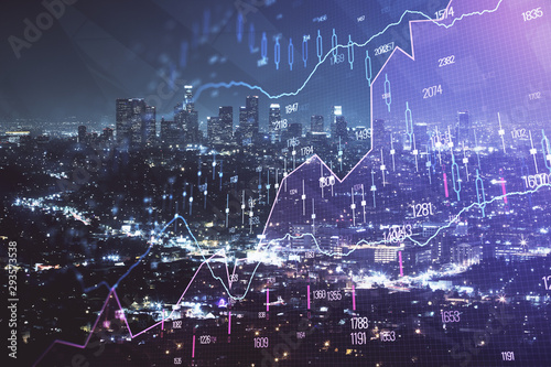 Financial graph on night city scape with tall buildings background multi exposure. Analysis concept. © peshkova
