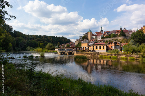 Beautiful view of loket. An medieval czech city with castle framed by the river eger. © benschie