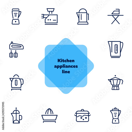 Kitchen appliances line icons. Set of line icons on white background. Inhouse concept. Kettle, teapot, mixer. Vector illustration can be used for appliances, service, house