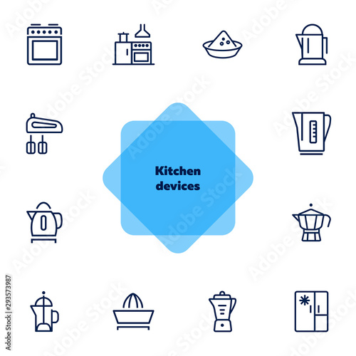 Kitchen devices line icon set. Set of line icons on white background. Kettle, tea pot, mixer. Cooking concept. Vector illustration can be used for topics like home, food, cooking