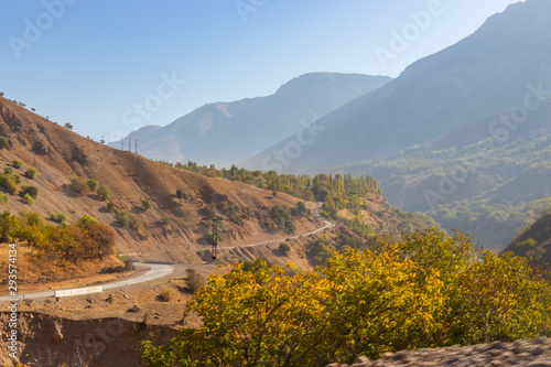 The road through mountains. Autumn in the mountains  yellow trees around road.