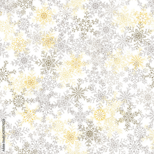 Vector seamless winter pattern with snowflakes in gold, grey and brown colors on transparent background