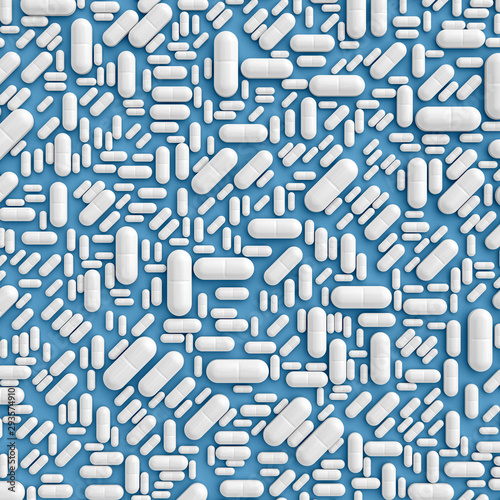A pattern of many pills scattered on a colored background evenly at different angles. 3D illustration