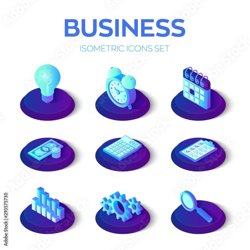 Business icons set. 3D isometric icons for business, management, finance, strategy, marketing. Creative idea, checklist, time management, money, calculator, graph, search. Vector illustration.