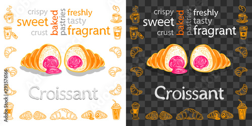Croissant with pink filling, labels and coffee icons