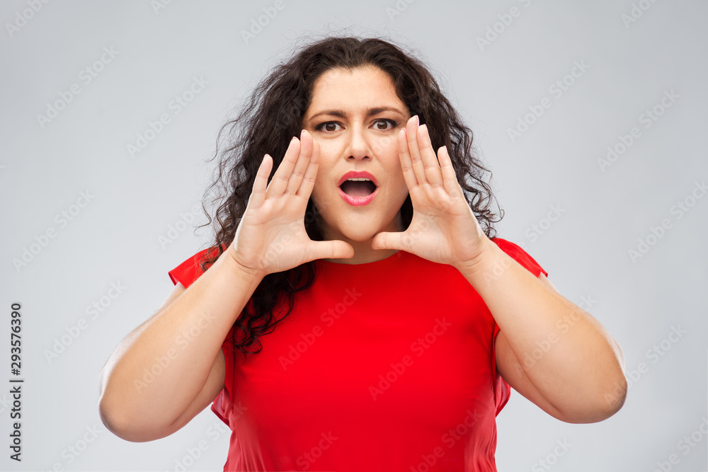warning, communication and caution concept - worried woman in red dress calling over grey background warning, communication and caution concept - worried woman in red dress calling over grey background