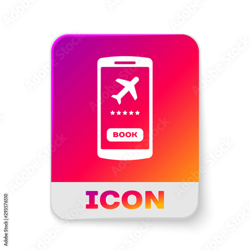 White Smartphone with electronic boarding pass airline ticket icon isolated on white background. Passenger plane mobile ticket for web and app. Rectangle color button. Vector Illustration