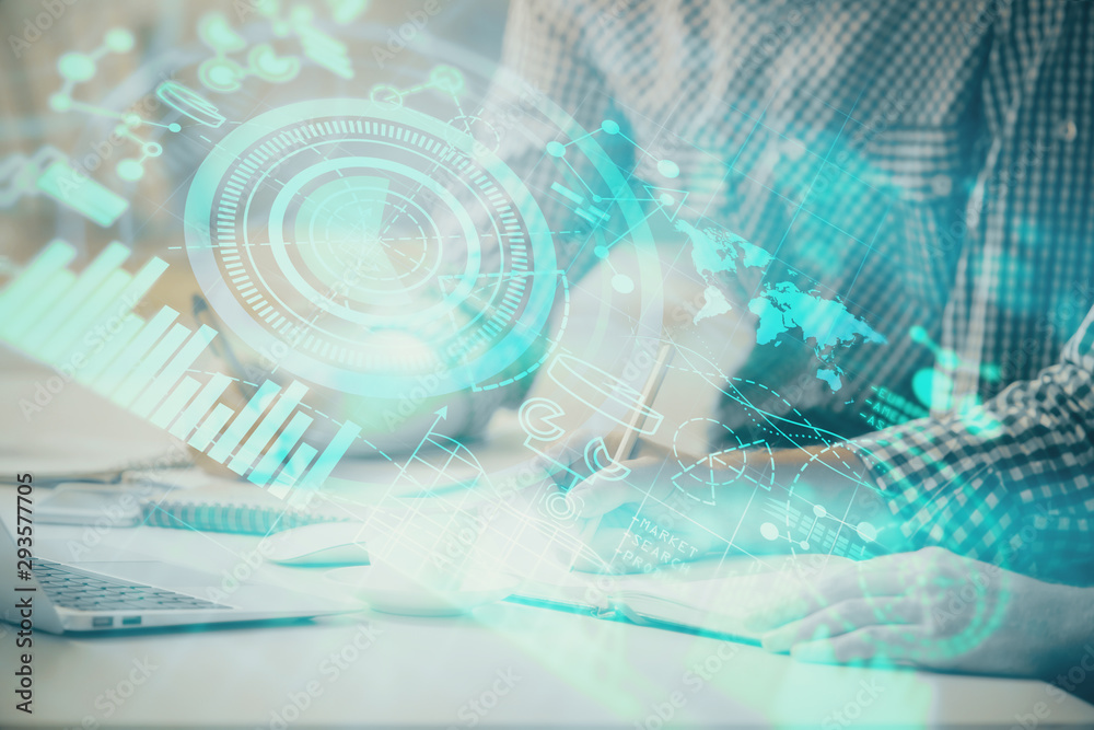 Multi exposure of businessman working on laptop on background. International business hologram in front. Concept of success. Multi exposure of businessman working on laptop on background. International business hologram in front. Concept of success.
