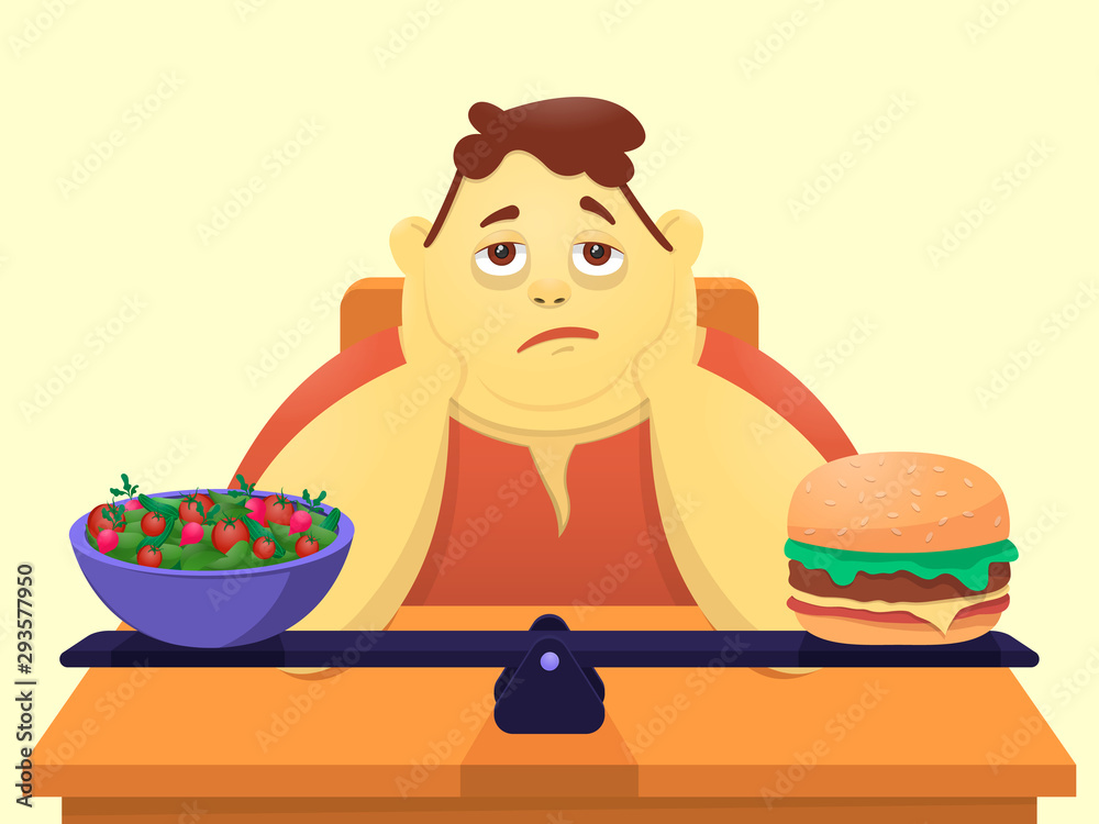 A funny cartoon character is fat, chooses what to eat, a vegetable salad or  a delicious meat dish. Vector illustration. Stock Vector | Adobe Stock