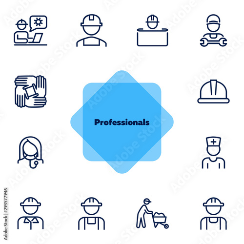 Professionals line icon set. Set off line icons on white background. Doctor, engineer, builder. Job concept. Vector illustration can be used for topics like career, sociality, business