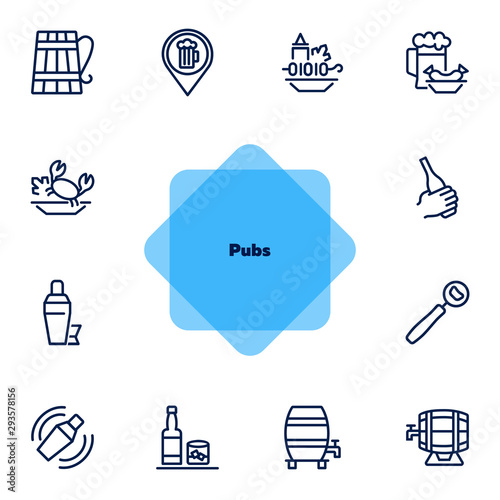 Pubs line icon set. Set of line icons on white background. Cocktail, beer mug, fresh crab. Food concept. Vector illustration can be used for topics like eating, drinking, resting
