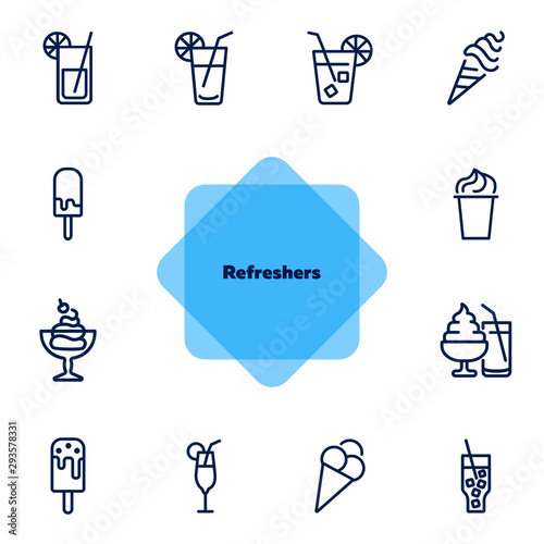 Refreshers line icon set. Cola, ice cream, lemonade. Drink concept. Can be used for topics like cafe, menu, food