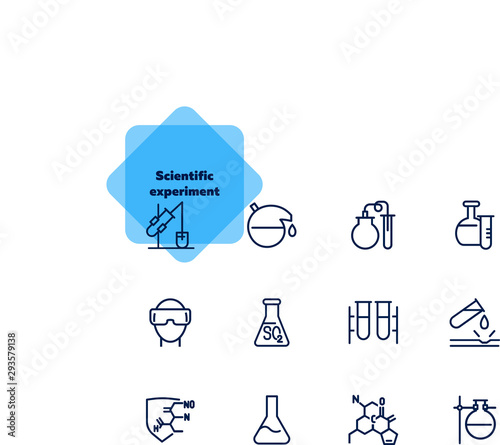 Scientific experiment icon. Set of line icon on white background. Chemical reaction, laboratory equipment, research. Chemistry concept. Vector can be used for topics like medicine, education, science